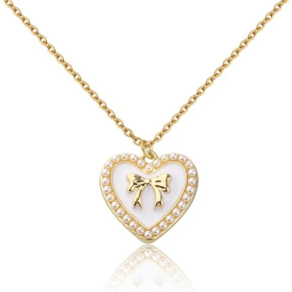 ENSIANTH Coquette Bow Necklaces– Pearl Heart Girly Jewelry for Girls - Picture 1 of 5